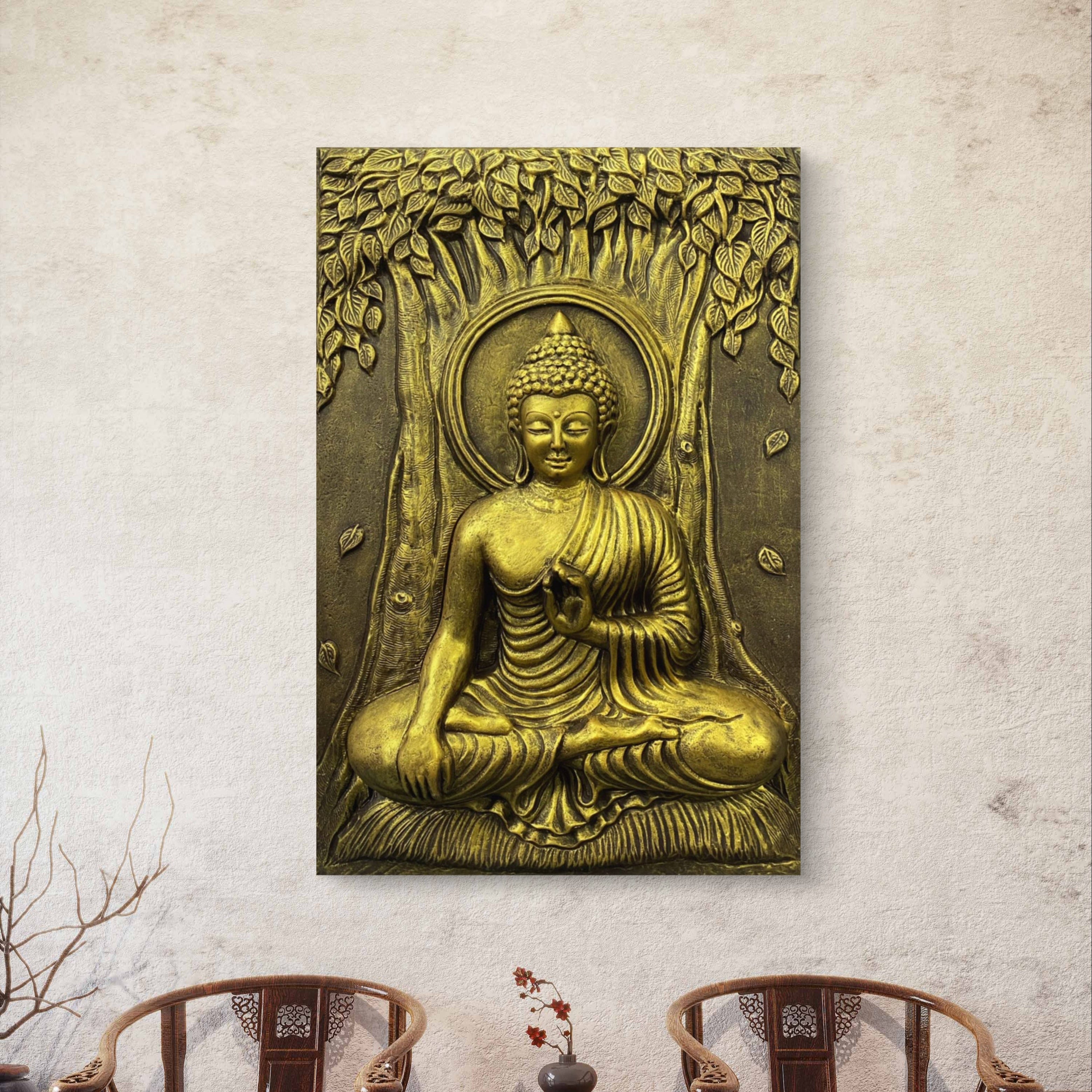 Golden Buddha Enlightenment 3D Mural (3x2 ft), exuding spiritual awakening and tranquility.