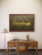 Golden-framed 7 Horse sculpture, capturing dynamic motion and unwavering progress.