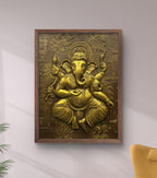 Golden-framed Dancing Ganesha mural, a divine centerpiece for home, office, or temple.