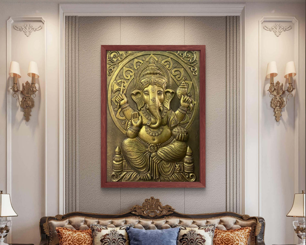 Golden framed Ganesha mural close-up, showcasing intricate 3D relief detailing and texture.