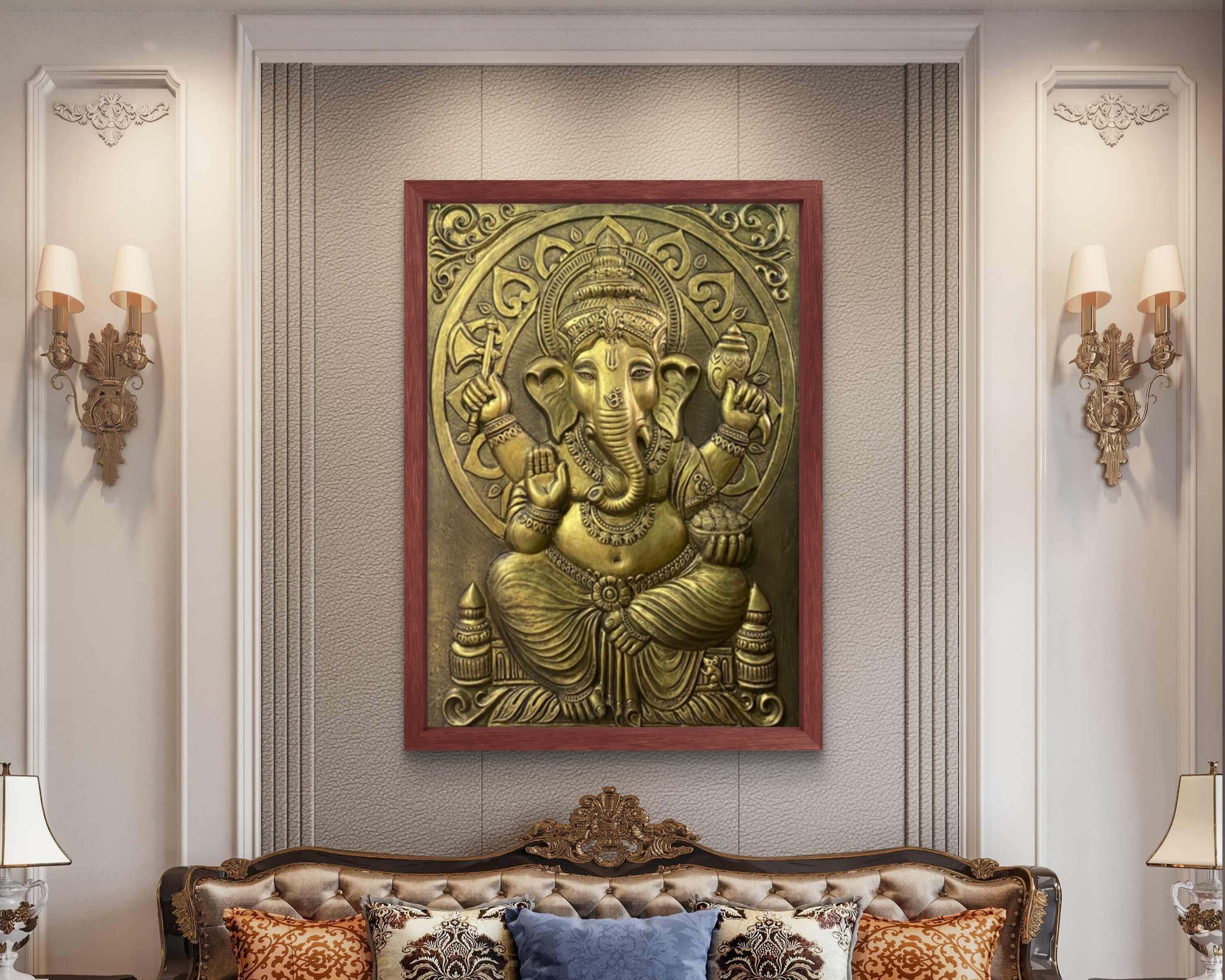 Golden framed Ganesha mural close-up, showcasing intricate 3D relief detailing and texture.
