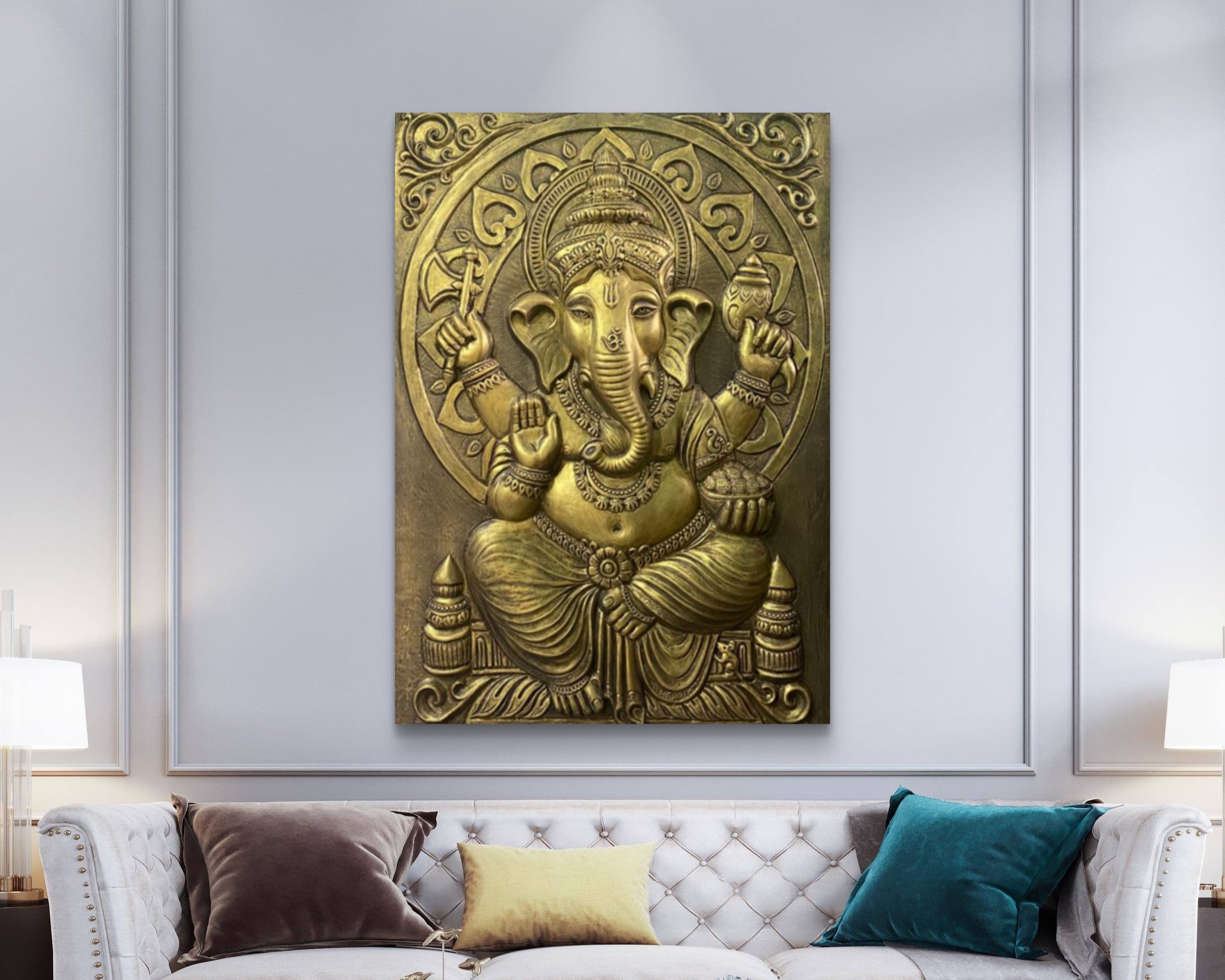 Golden unframed Ganesha 3D Relief Mural (4x3 ft), adding a divine aura and exquisite artistry.
