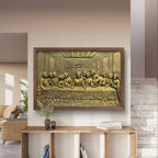 Golden finish 2x3 feet 3D mural of The Last Supper featuring Jesus and disciples, ready to hang framed or unframed.