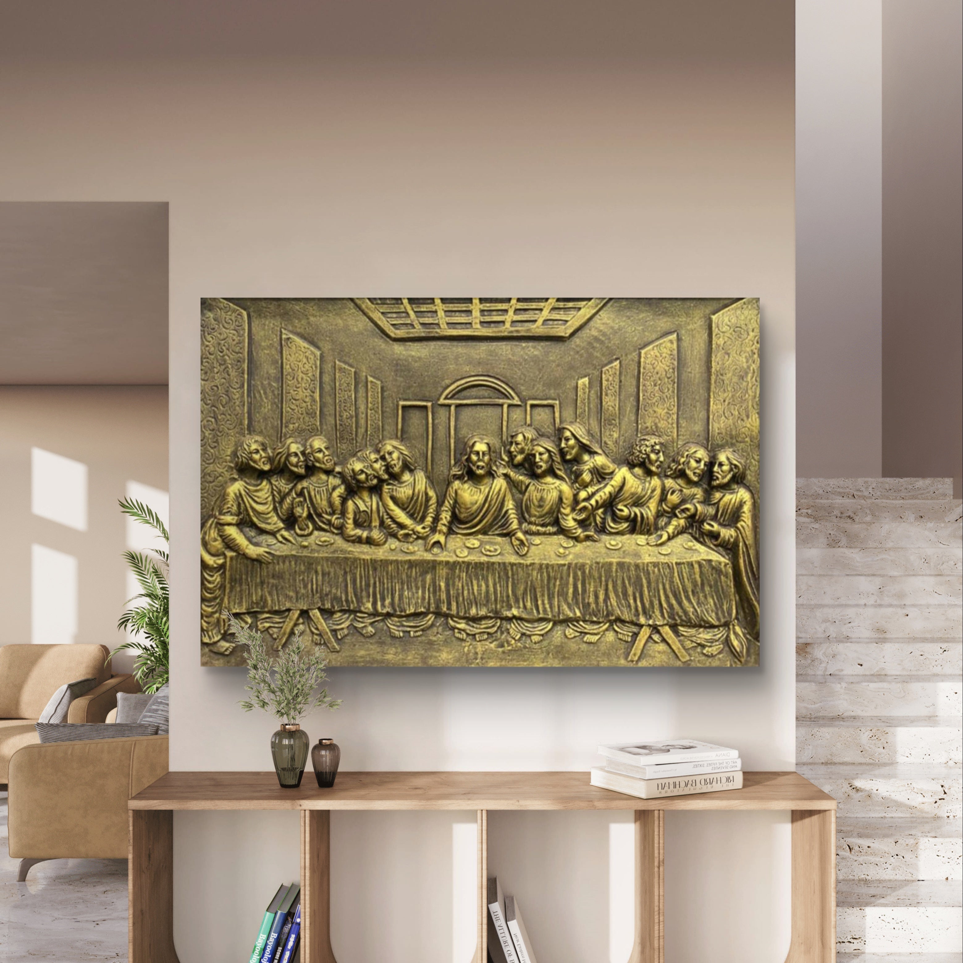 Golden finish 2x3 feet 3D mural of The Last Supper featuring Jesus and disciples, ready to hang framed or unframed.
