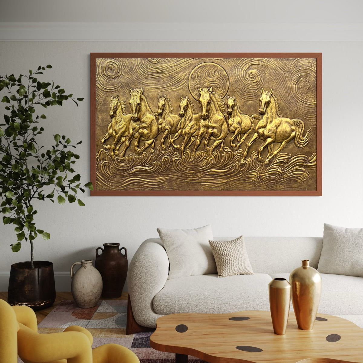 Golden right-moving framed 7 Horse 3D Relief Mural (5x3 ft), symbolizing success and prosperity