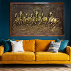 Golden right-moving framed 7 Horse 3D Relief Mural (5x3 ft), symbolizing success and prosperity.