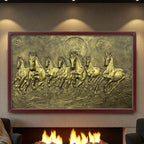 Golden right-moving 7 Horse 3D Relief Mural (5x3 ft), symbolizing success and prosperity.