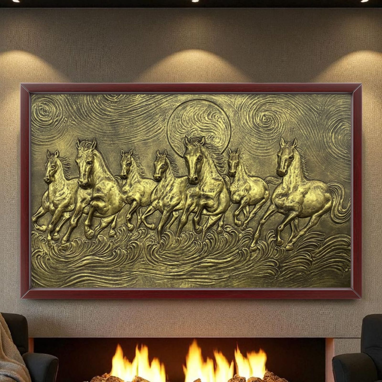 Golden right-moving 7 Horse 3D Relief Mural (5x3 ft), symbolizing success and prosperity.
