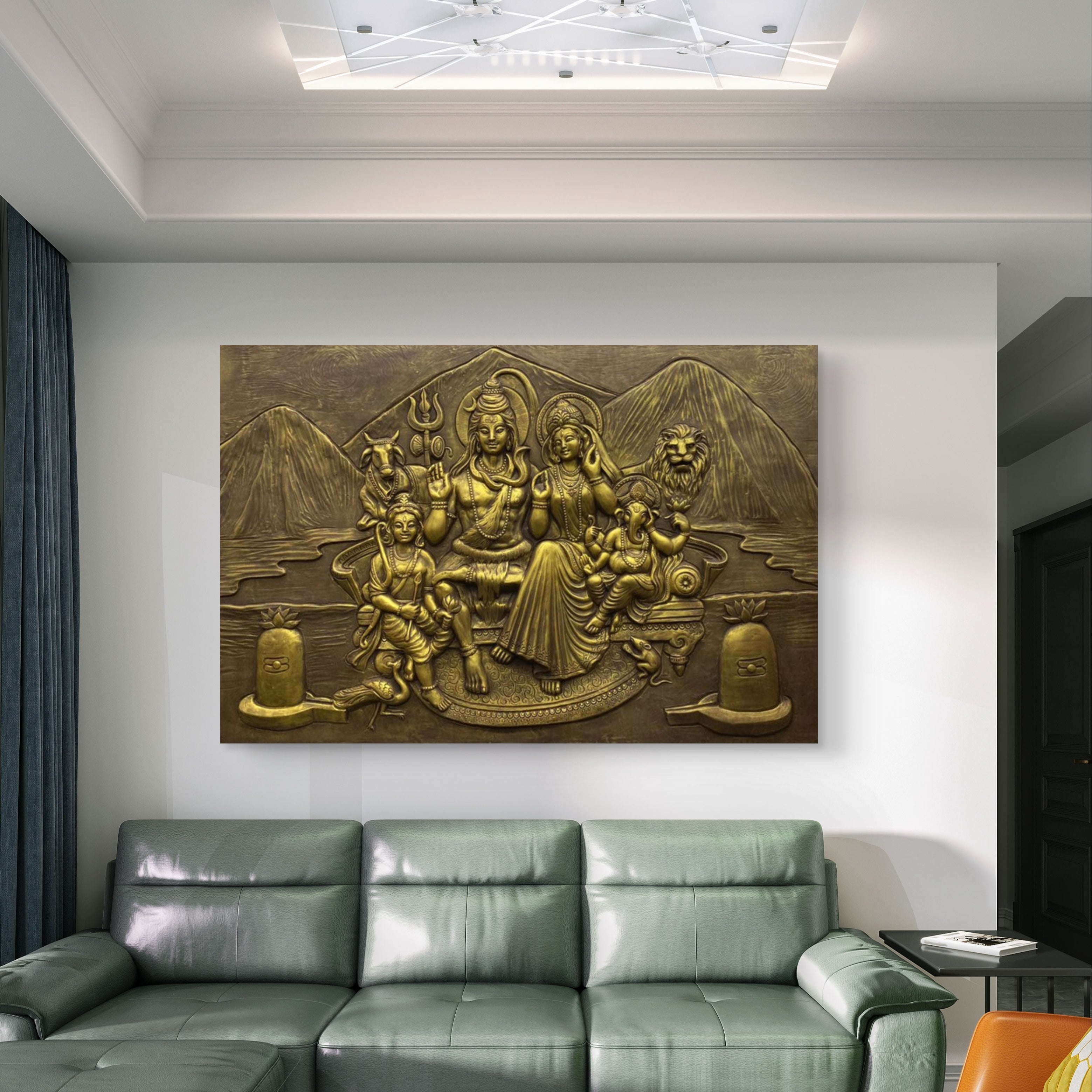 Golden 6x4 feet handcrafted Shiva Parivar 3D wall mural, luxurious Hindu devotional décor for temples or living spaces.