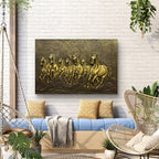 Golden unframed Vastu 7 Horse 3D mural (3x2 ft), symbolizing speed and success.