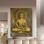 Golden unframed 4x3 feet Buddha under the Bodhi tree 3D relief mural for enlightenment.