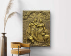 Golden unframed Radha Krishna 3D mural (4x3 ft), a divine symbol of eternal love.