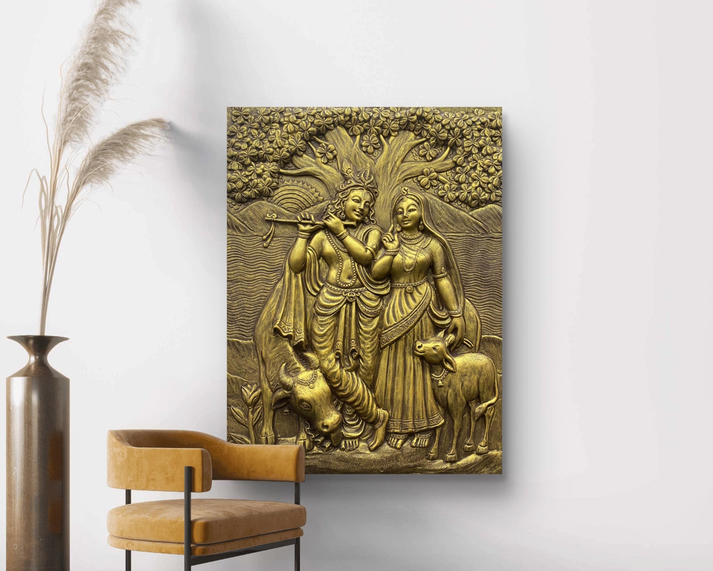 Golden unframed Radha Krishna 3D mural (4x3 ft), a divine symbol of eternal love.