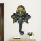 Gray finish with golden highlights Ganesha face 3D wall art sculpture, handcrafted 32x21 inch relief mural for home and office