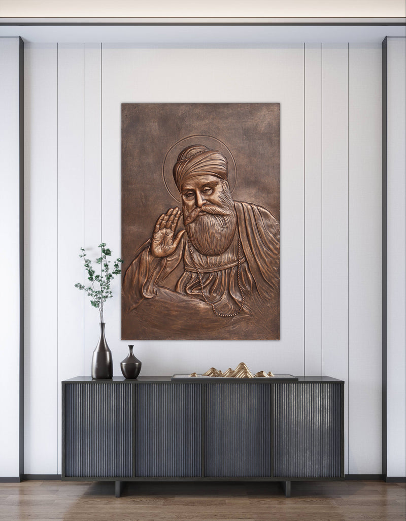 Guru Nanak Dev Ji 3D Relief Mural (3x2 ft), symbolizing peace, compassion, and spiritual wisdom.