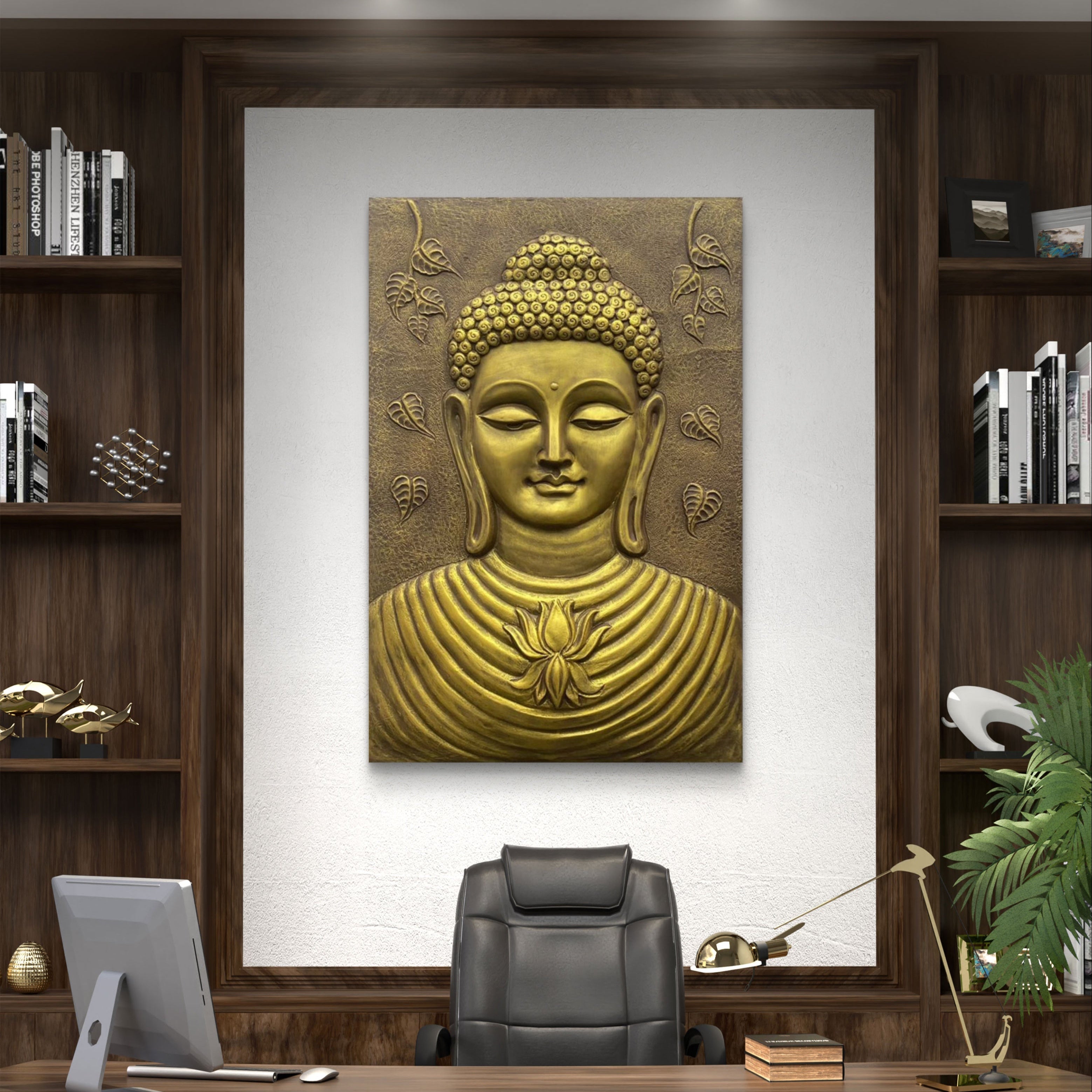 Handcrafted 3x2 feet Buddha face 3D wall art with lotus detailing, spiritual relief mural designed for meditation and yoga rooms.