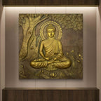 Handcrafted 6x6 feet Buddha Under the Tree 3D relief mural, premium wall art featuring Buddha meditating beneath the Bodhi tree, ready to hang.