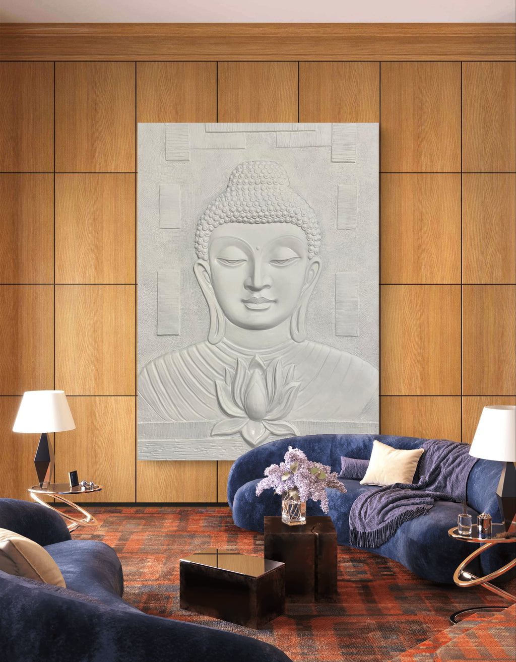 Serene Gautam Buddha seated above a blooming lotus, perfect for meditation rooms and yoga studios.
