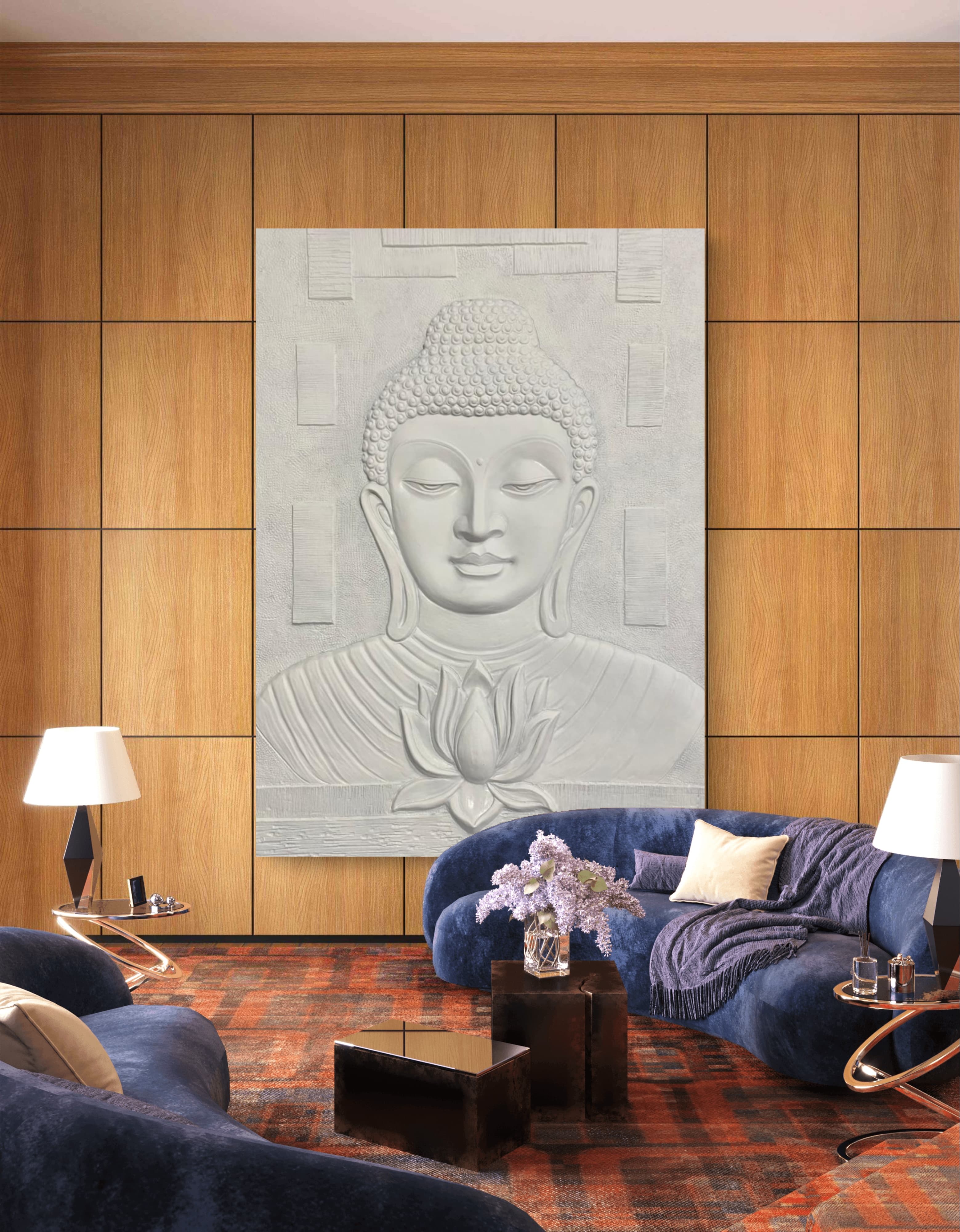 Serene Gautam Buddha seated above a blooming lotus, perfect for meditation rooms and yoga studios.
