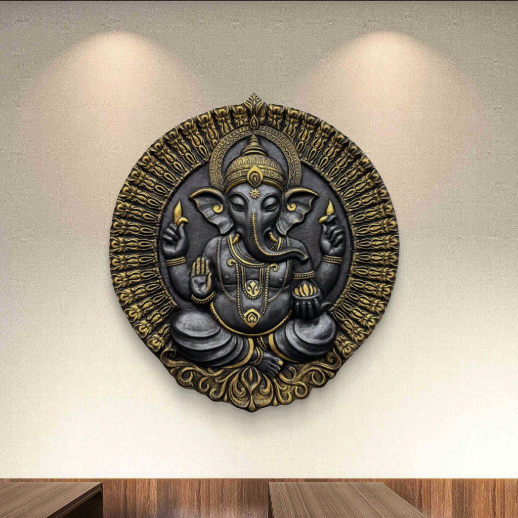 handcrafted ganesha circular 3d relief mural 3.5x3 ft wall sculpture for living room and office decor