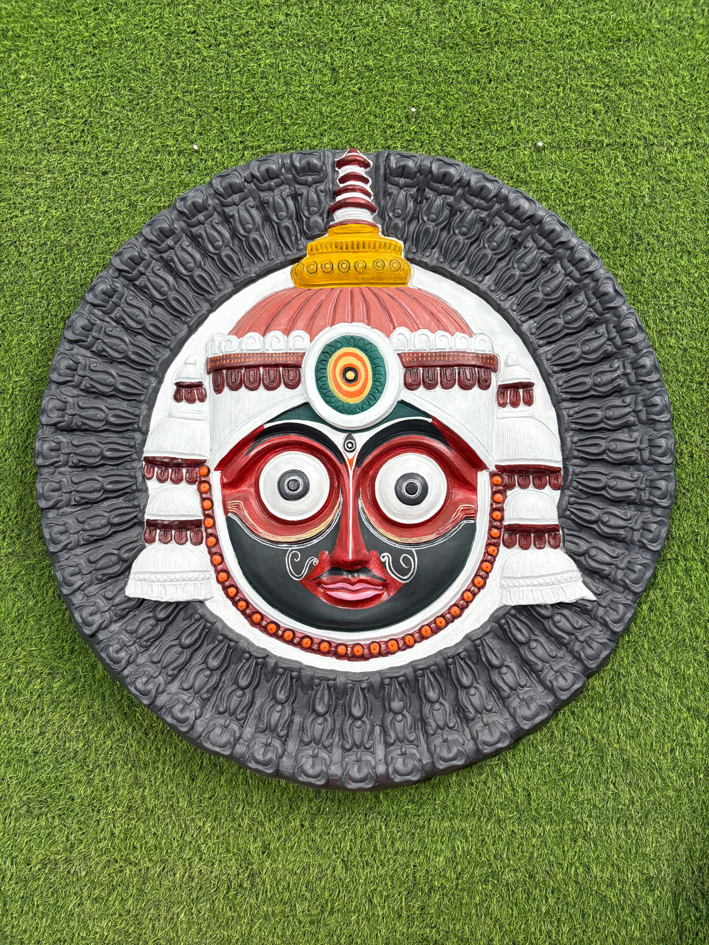 Handcrafted Jagannath 3D wall sculpture mural, detailed relief artwork in 3x3 feet ideal for spiritual interiors and pooja room walls