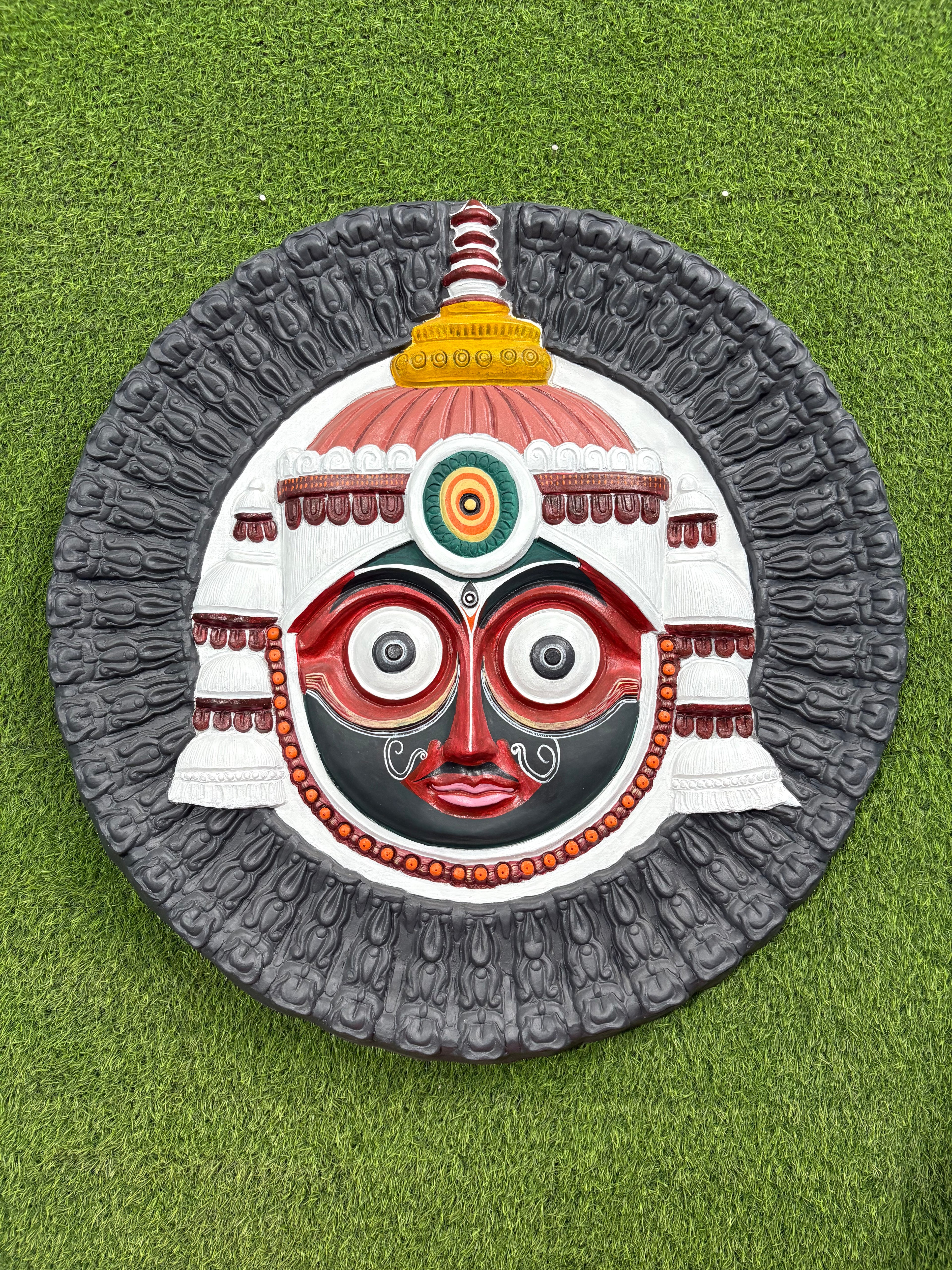 Handcrafted Jagannath 3D wall sculpture mural, detailed relief artwork in 3x3 feet ideal for spiritual interiors and pooja room walls