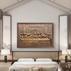 Handcrafted 2x3 feet 3D wall sculpture of The Last Supper, available in golden and bronze finishes, framed or unframed.