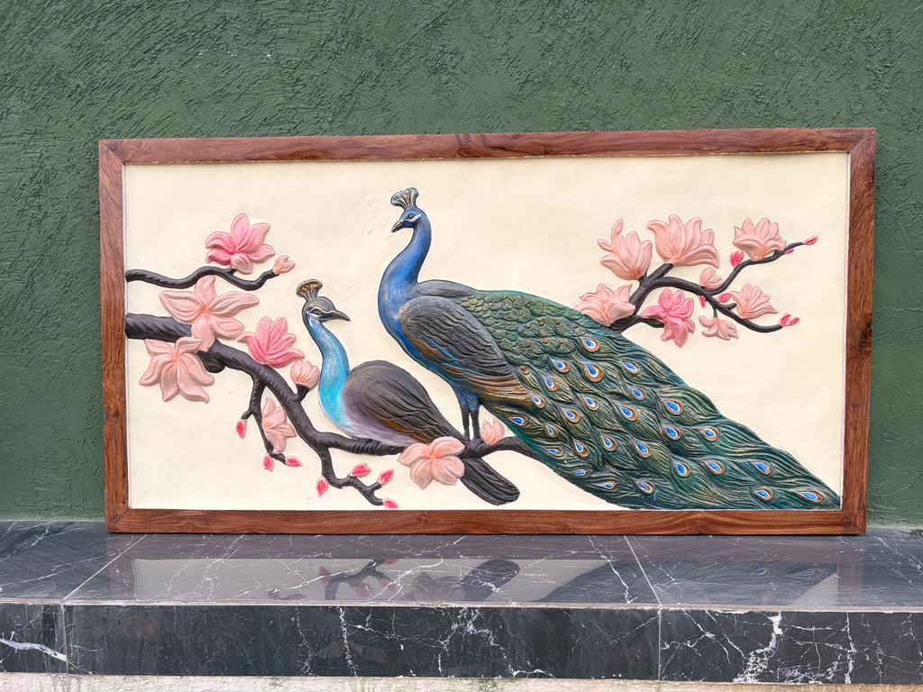 Peacock with floral tree 3D relief mural wall art in 6x3 feet size, handcrafted decorative sculpture for luxury home and wall elevation design and modern interior.