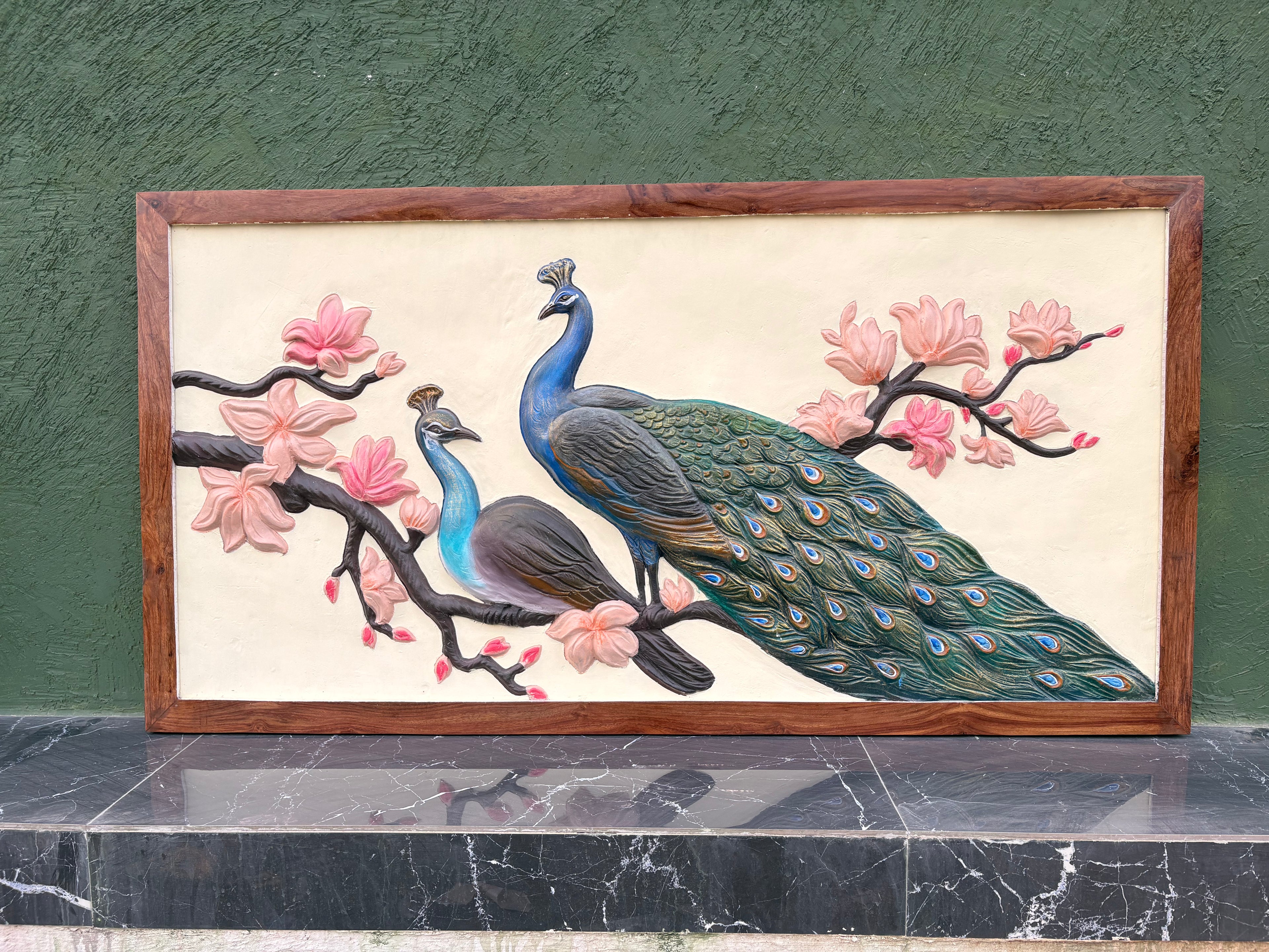 Peacock with floral tree 3D relief mural wall art in 6x3 feet size, handcrafted decorative sculpture for luxury home and wall elevation design and modern interior.