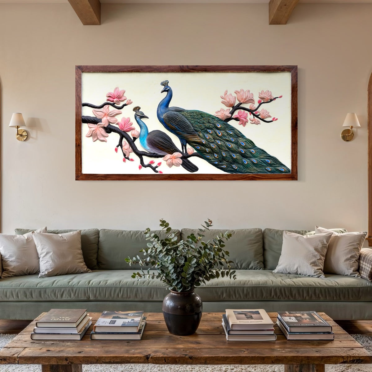 Handcrafted peacock 3D wall sculpture with intricate floral tree design, elegant 6x3 feet relief mural ideal for statement walls and modern interiors.