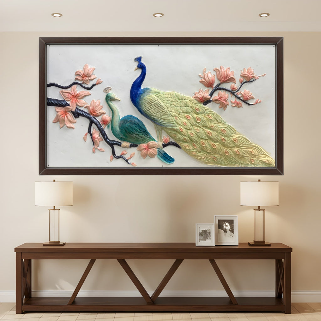 Handcrafted peacock 3D wall sculpture with intricate floral tree design, elegant 6x3 feet relief mural ideal for statement walls and modern interiors