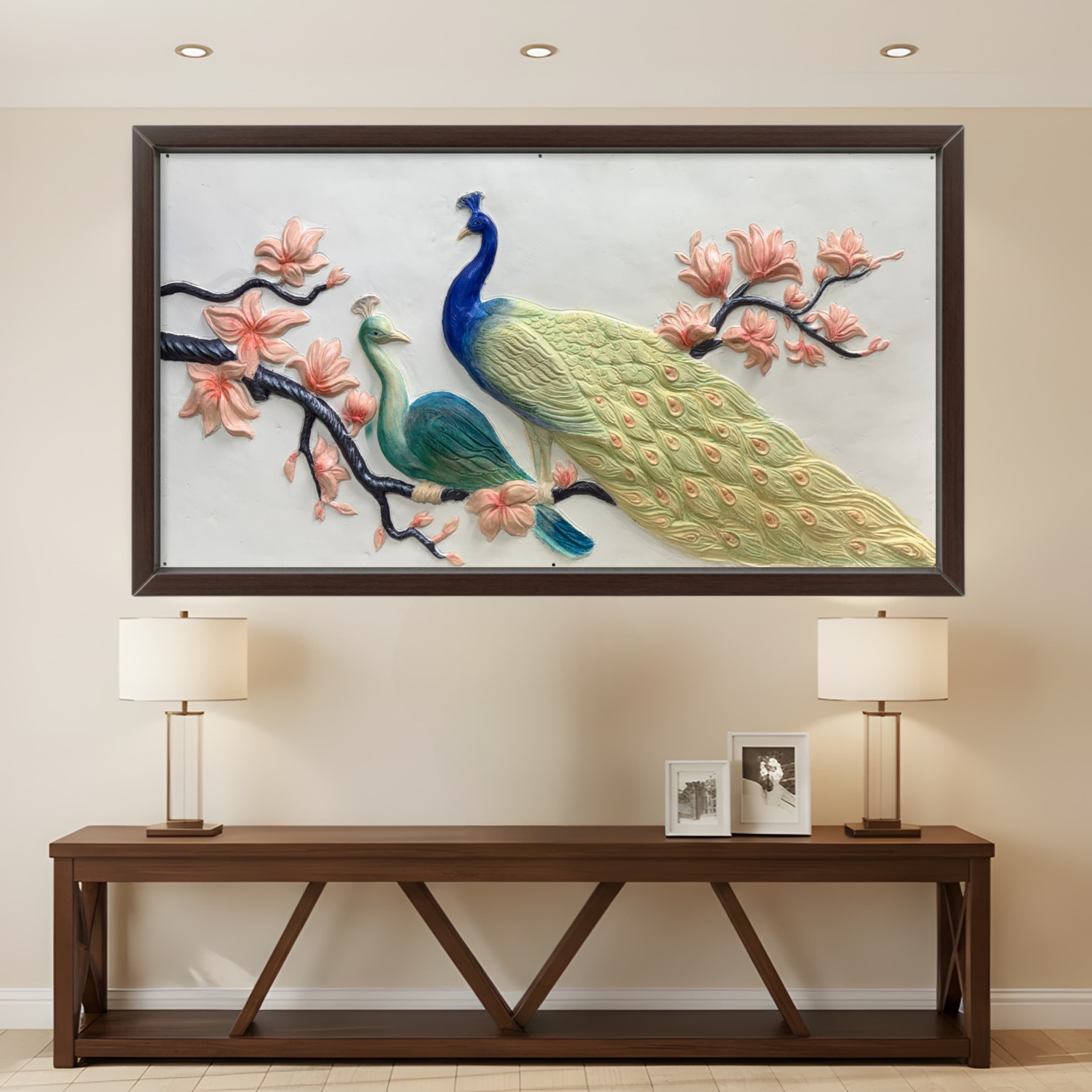 Handcrafted peacock 3D wall sculpture with intricate floral tree design, elegant 6x3 feet relief mural ideal for statement walls and modern interiors