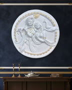 Handcrafted Radha Krishna wall hanging, 31x31 inches circular mural in white with golden highlights.