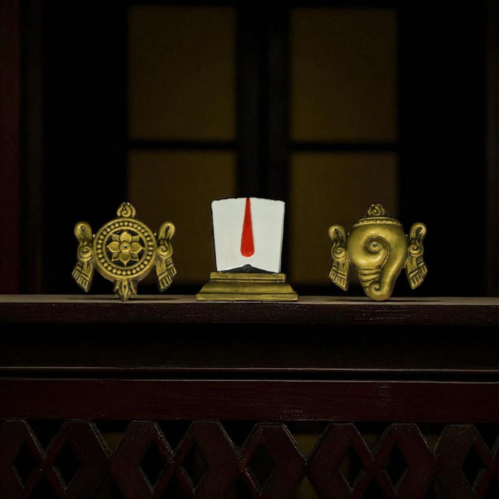 Sacred 7x6 inch Shankha, Namam and Chakra symbols, used as artisanal Temple Entrance wall art.