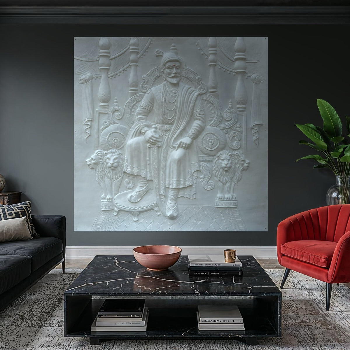 Handcrafted 6x6 feet Shivaji Maharaj 3D relief mural, grand throne artwork celebrating Indian heritage and Maratha valor.