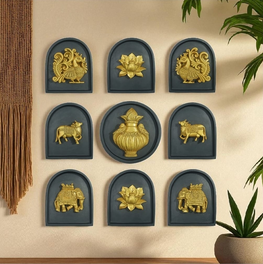 Handcrafted wall art pieces celebrating Indian heritage with intricate textures and timeless design.