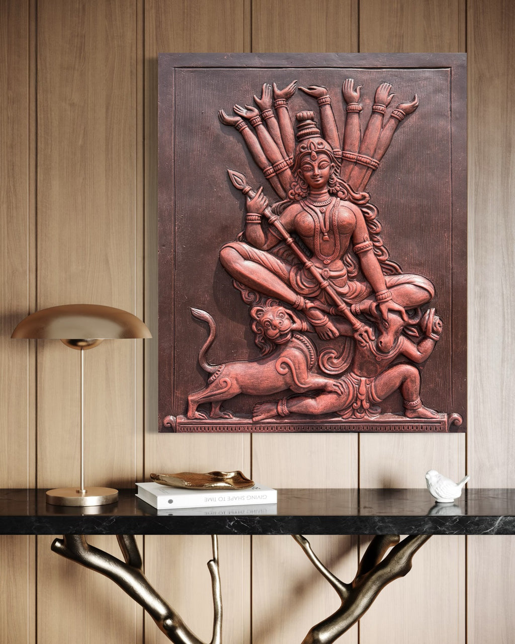 Elegant 3D wall hanging of Hindu Goddess Durga in antique terracotta tones, ready to hang for living room or temple decor.
