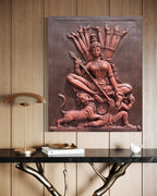 Elegant 3D wall hanging of Hindu Goddess Durga in antique terracotta tones, ready to hang for living room or temple decor.
