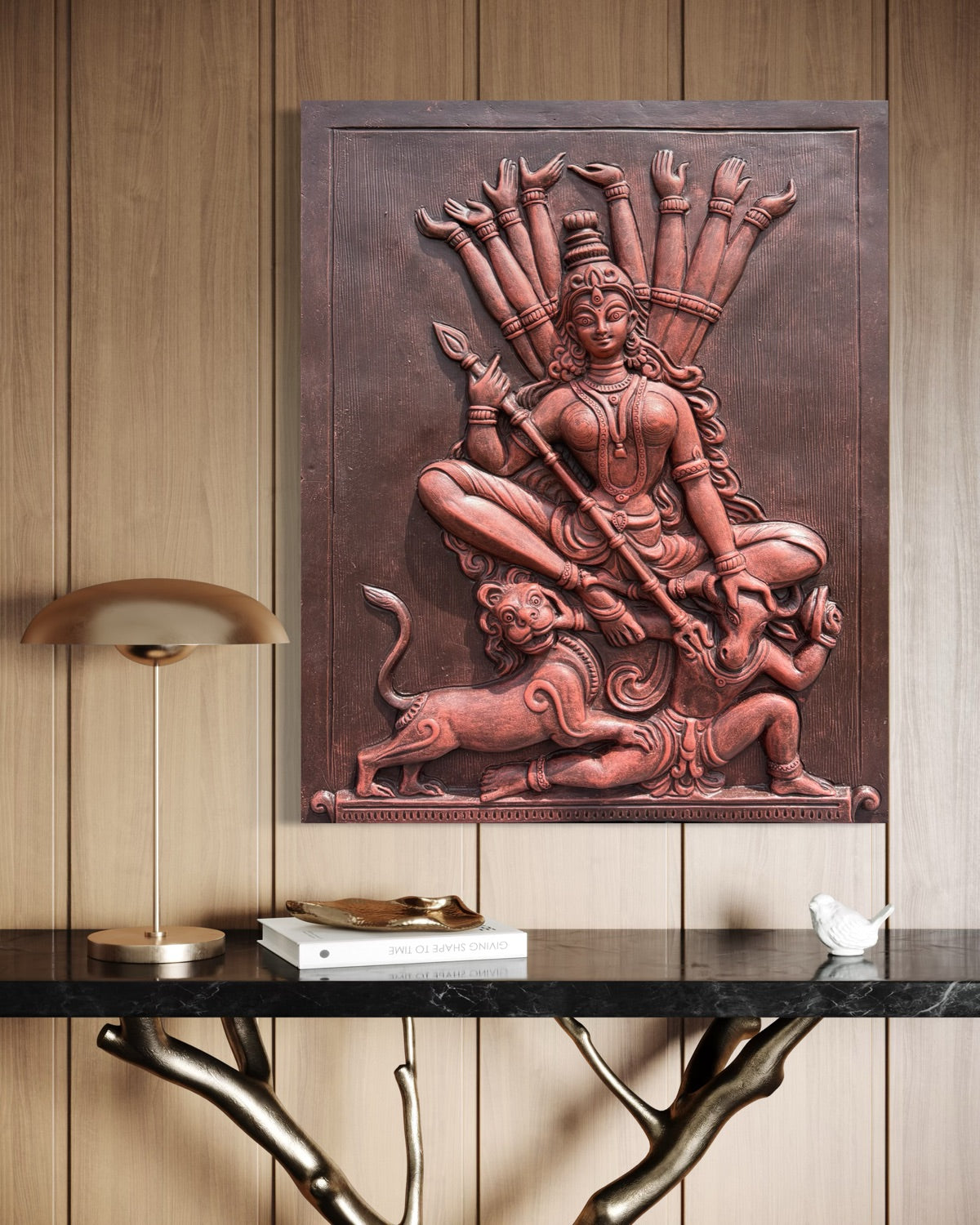 Elegant 3D wall hanging of Hindu Goddess Durga in antique terracotta tones, ready to hang for living room or temple decor.
