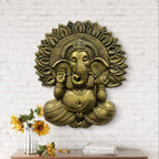 Hindu Surya Ganesha 3D wall mural, 2.3x2 feet gold finish relief sculpture representing wisdom, light, and divine energy.