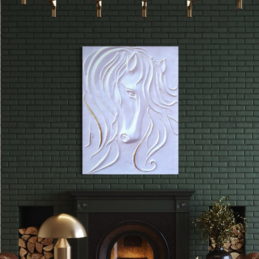 Detailed texture of abstract horse face wall sculpture showing layered relief design