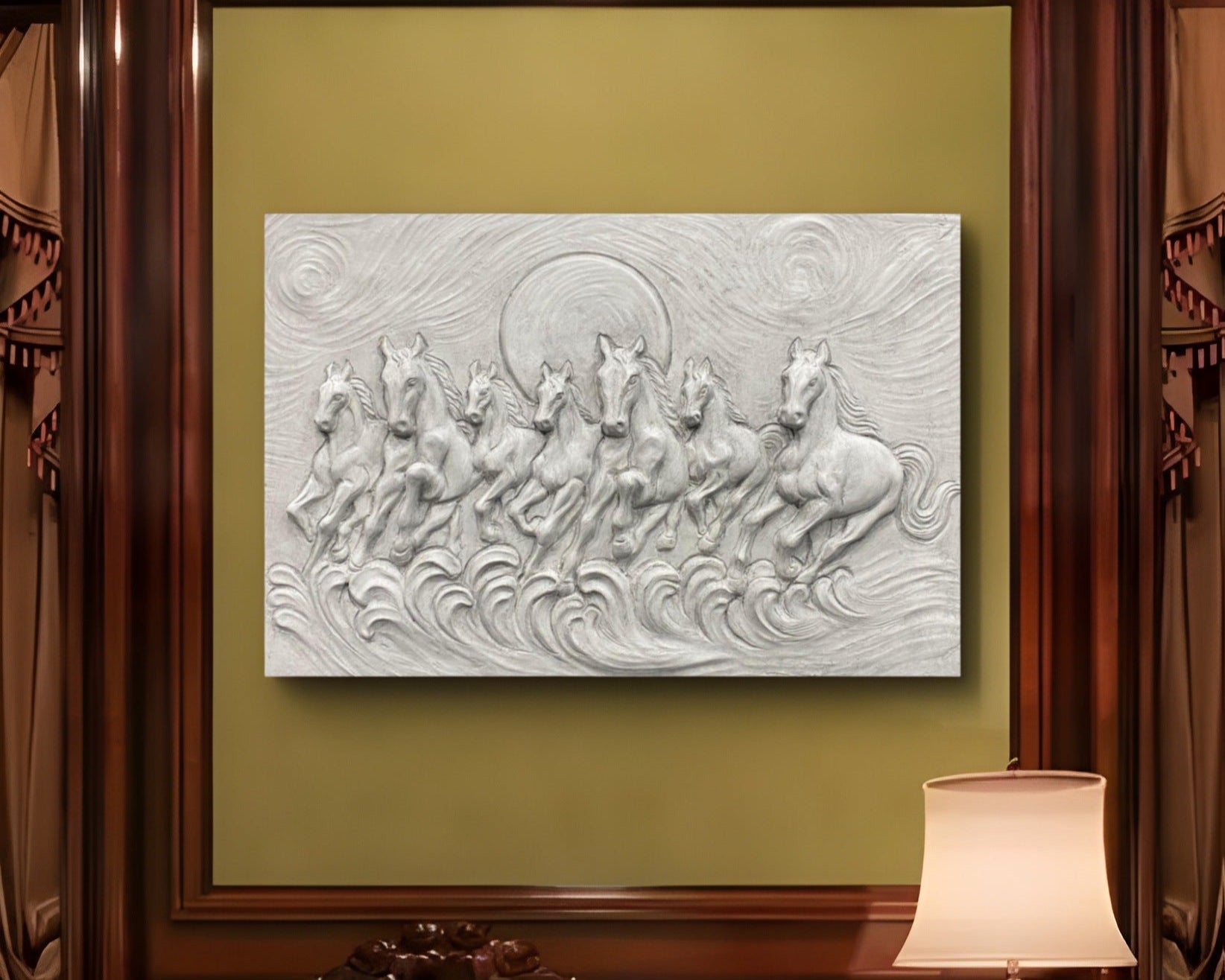 3D horse wall sculpture featuring seven galloping horses, perfect for home or office decor to enhance momentum and growth.