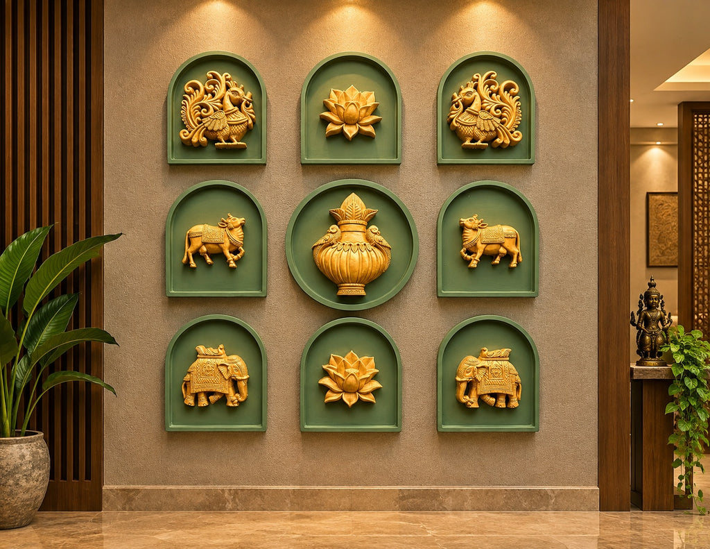 Set of 9 Indian decorative wall motifs for home decor, inspired by traditional Indian art and cultural symbolism