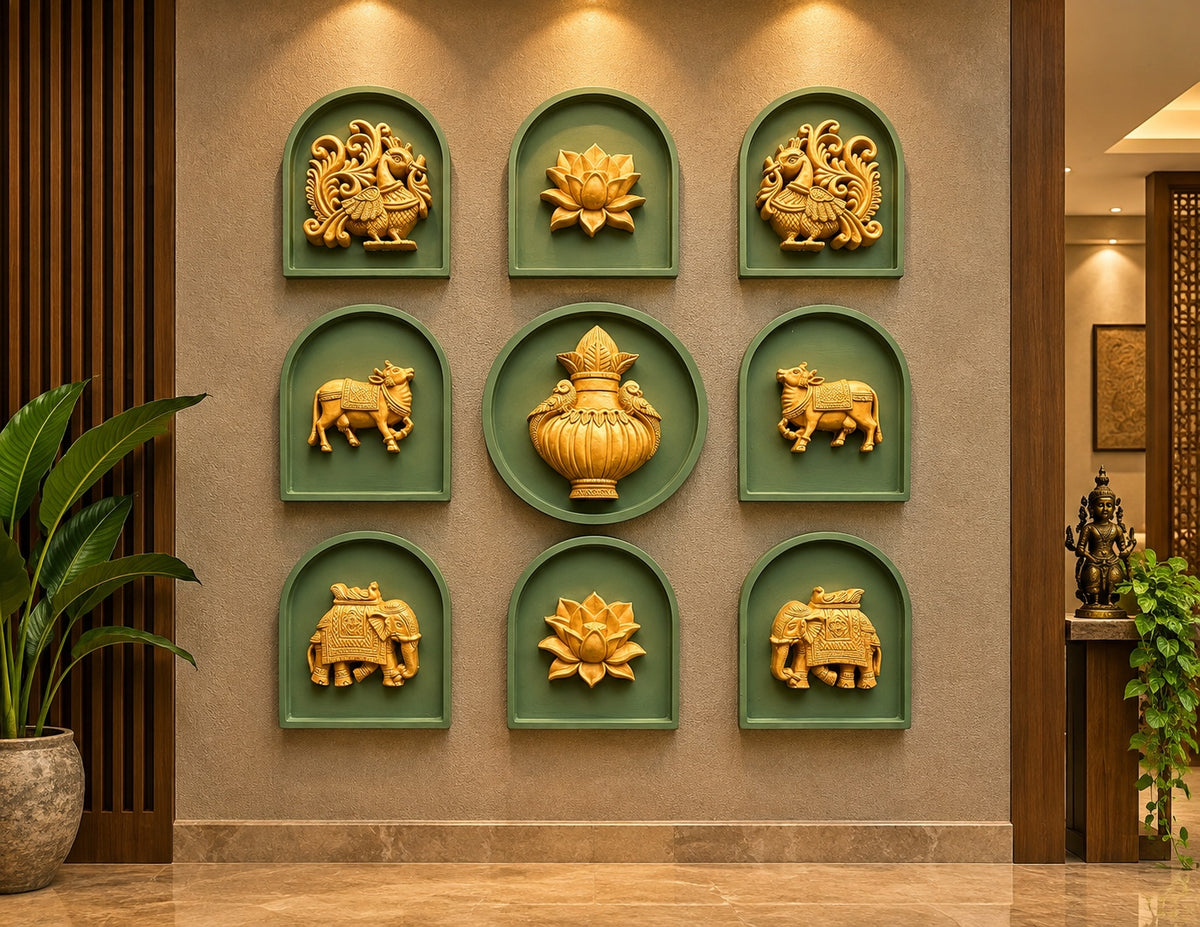 Set of 9 Indian decorative wall motifs for home decor, inspired by traditional Indian art and cultural symbolism