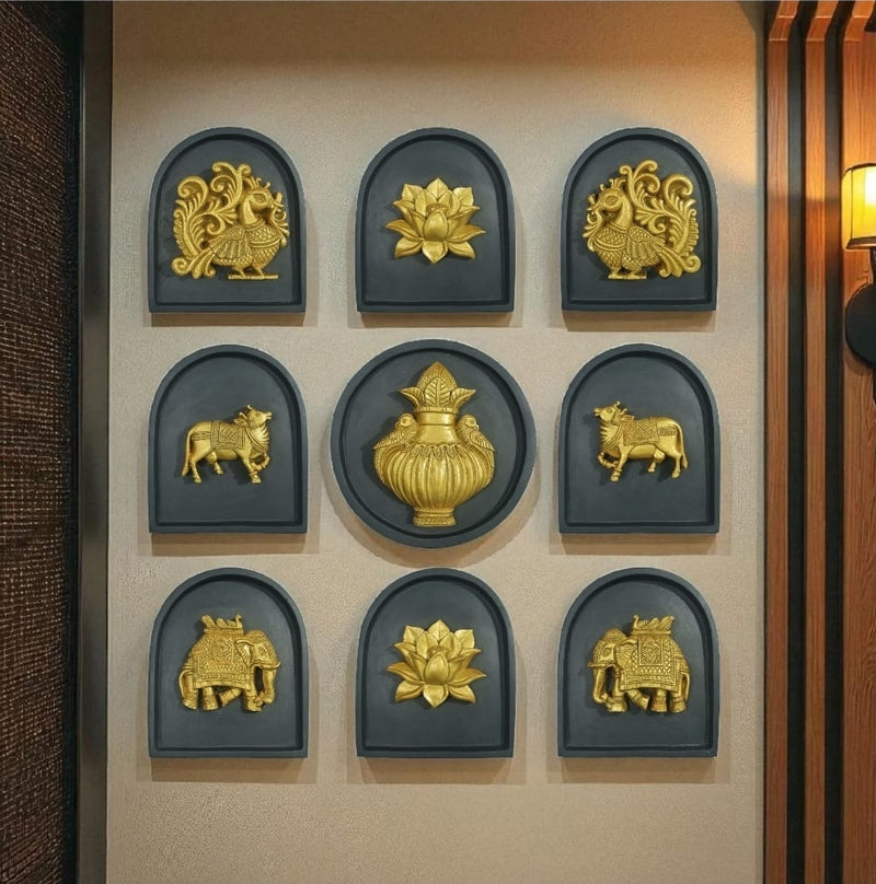 Set of 9 Indian decorative wall motifs for home decor, inspired by traditional Indian art and cultural symbolism.