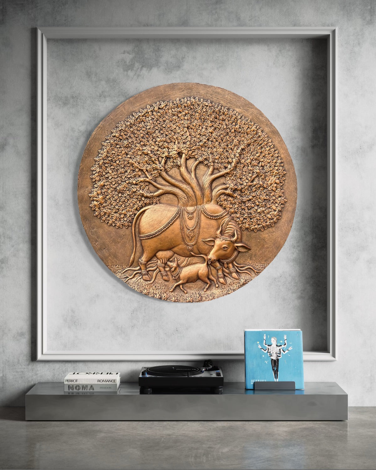 Full view of Kamdhenu 3D relief wall mural in a round handcrafted design for sacred wall décor