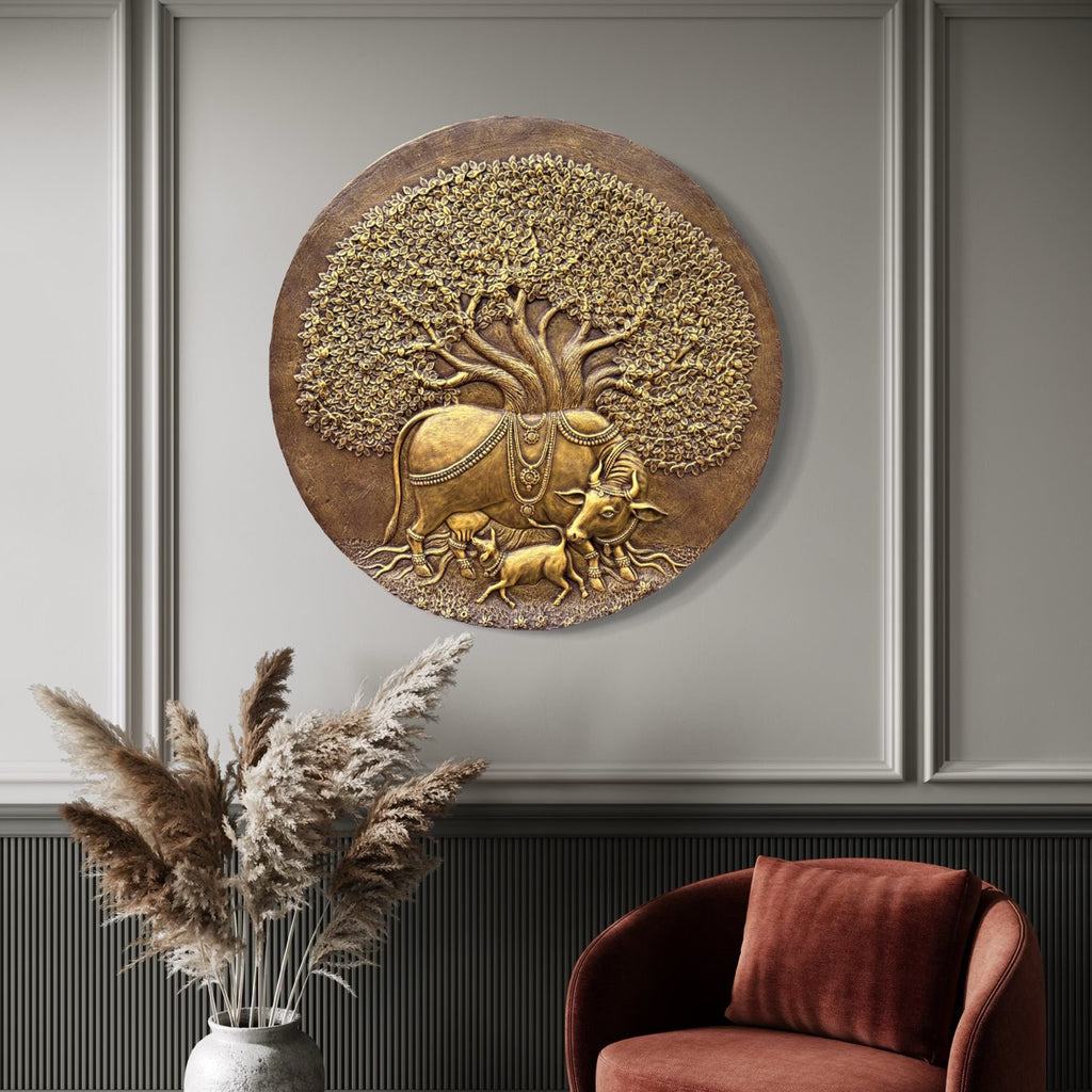 Full view of Kamdhenu 3D relief wall mural in a round handcrafted design for sacred wall décor in golden colour
