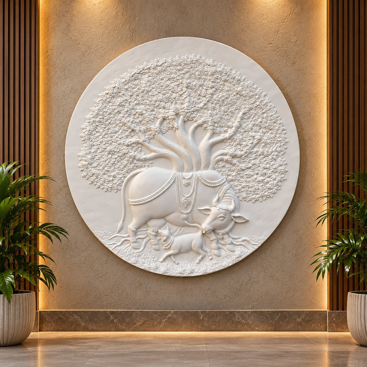 Full view of Kamdhenu 3D relief wall mural in a round handcrafted design for sacred wall décor in white colour.