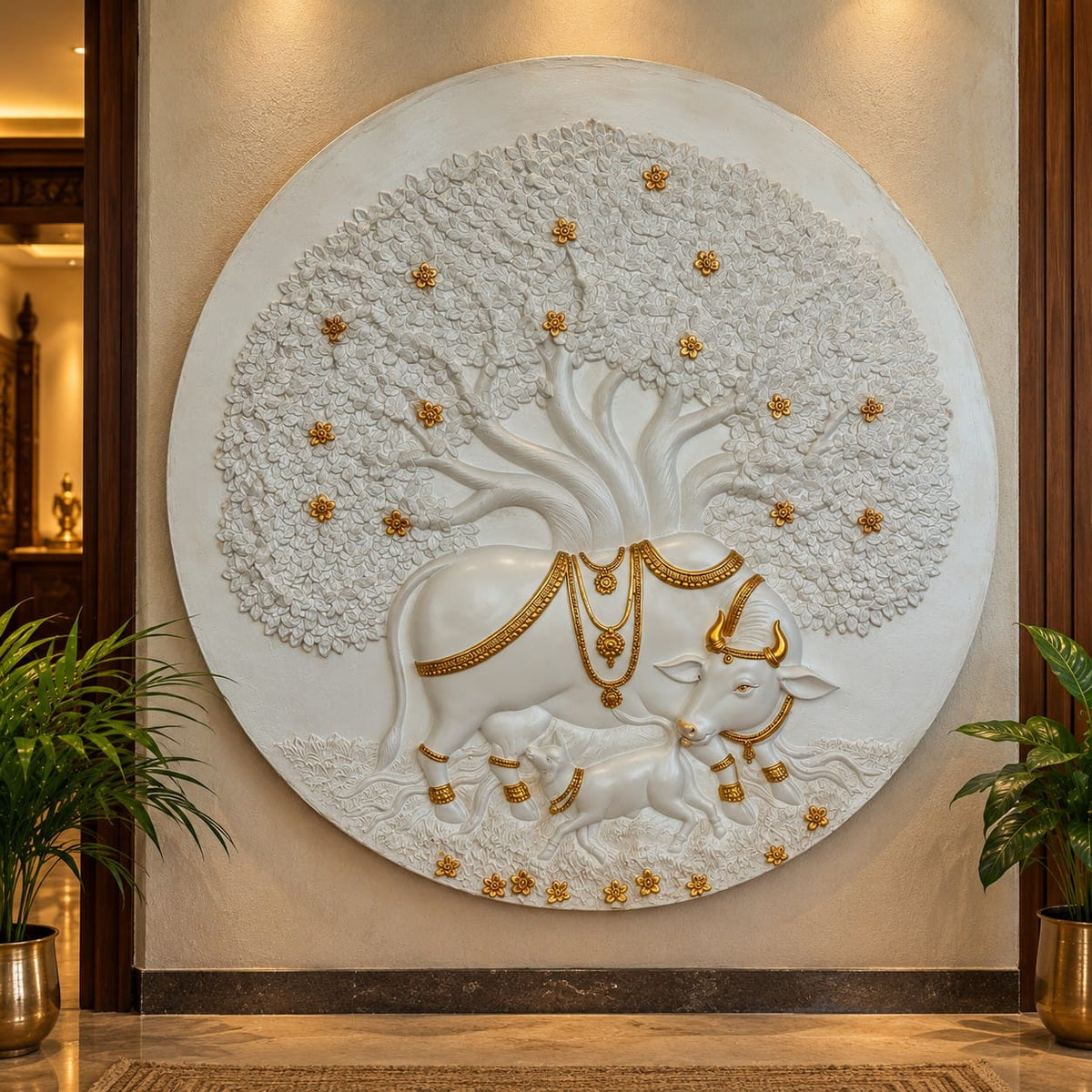 Full view of Kamdhenu 3D relief wall mural in a round handcrafted design for sacred wall décor in white with golden highlights colour.