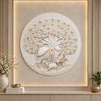Full view of Kamdhenu 3D relief wall mural in a round handcrafted design for sacred wall décor in white with golden highlights colour